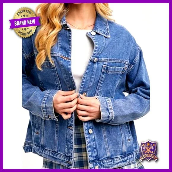 Classic Distressed Denim Jacket Oversized Y2K Vintage Button Down Long Sleeve